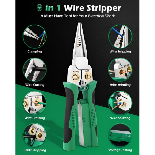 Pelacables y Cortador 8 en 1 (20,7 cm) - Pela, Corta, Engarza y Prueba el Voltaje en una Sola Herramienta | POWERPLIERS